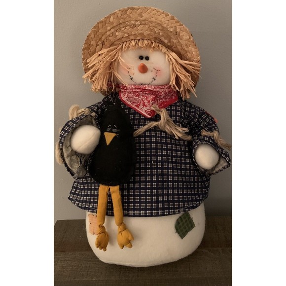 Terry's Village Snowman Scarecrow Plush Black Crow Straw Hat with Sunflower 14" - Picture 1 of 12